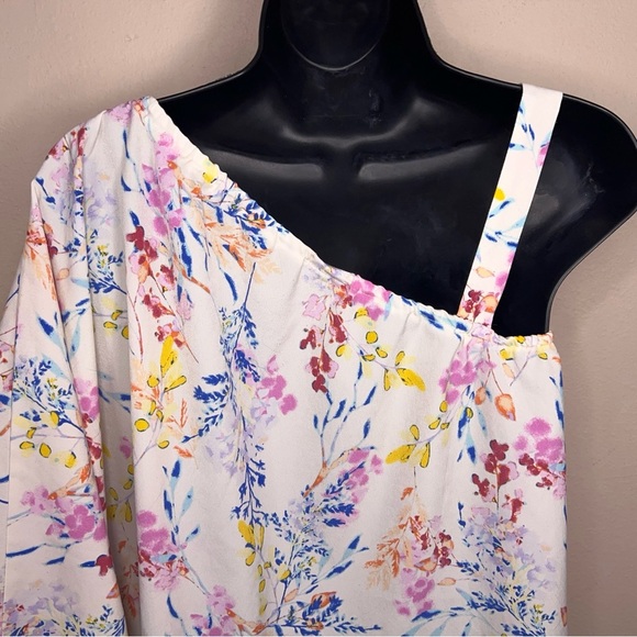 Small Y2K Era Cato Floral Blouse Top One Shoulder Asymmetrical White Pink Blue - Picture 6 of 14